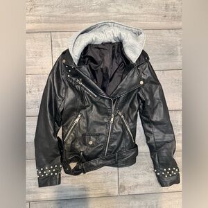 Faux Leather Biker Jacket with studs (with detachable hoodie). Size small.
